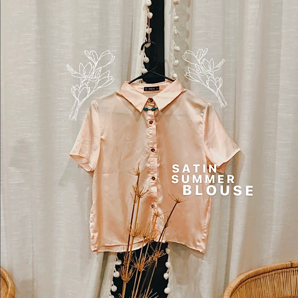 • Peach-Colored Soft Summer Satin Button Blouse •